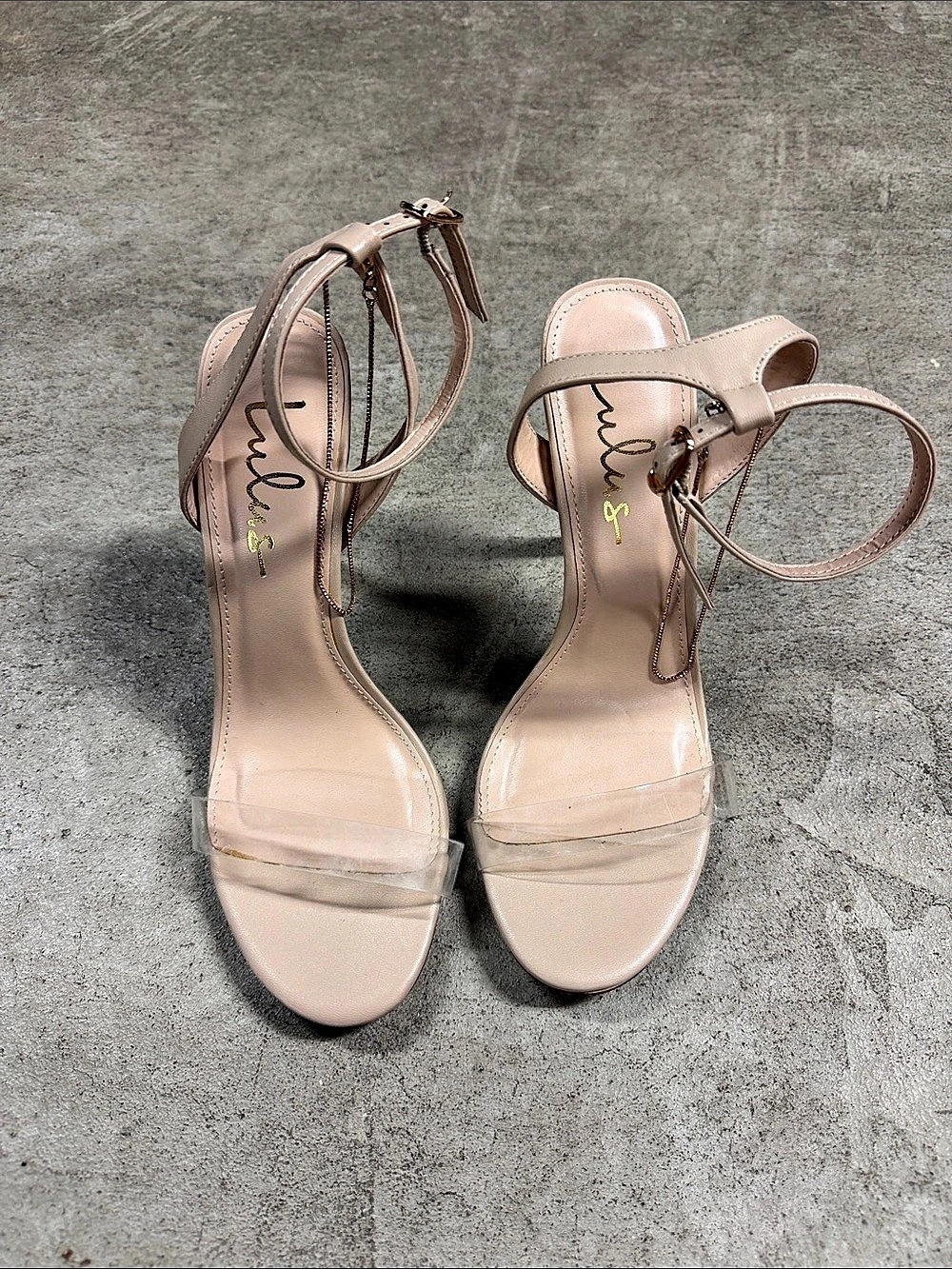 Lulus Strappy Heel Stilettos with gold dainty ankle chain in nude / clear US 8